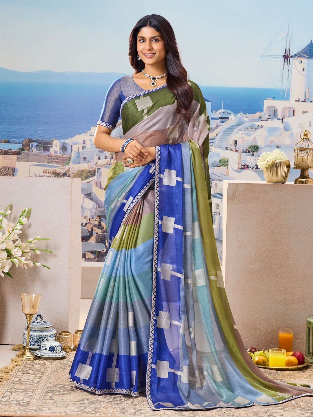 Multicolor geometric saree