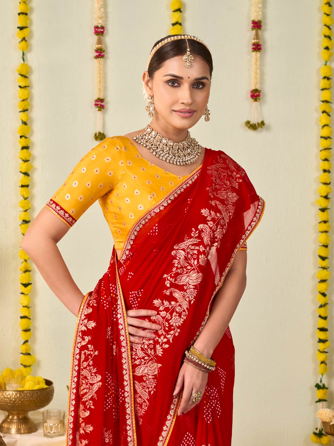 Red bandhani printed georgette saree wedding wear