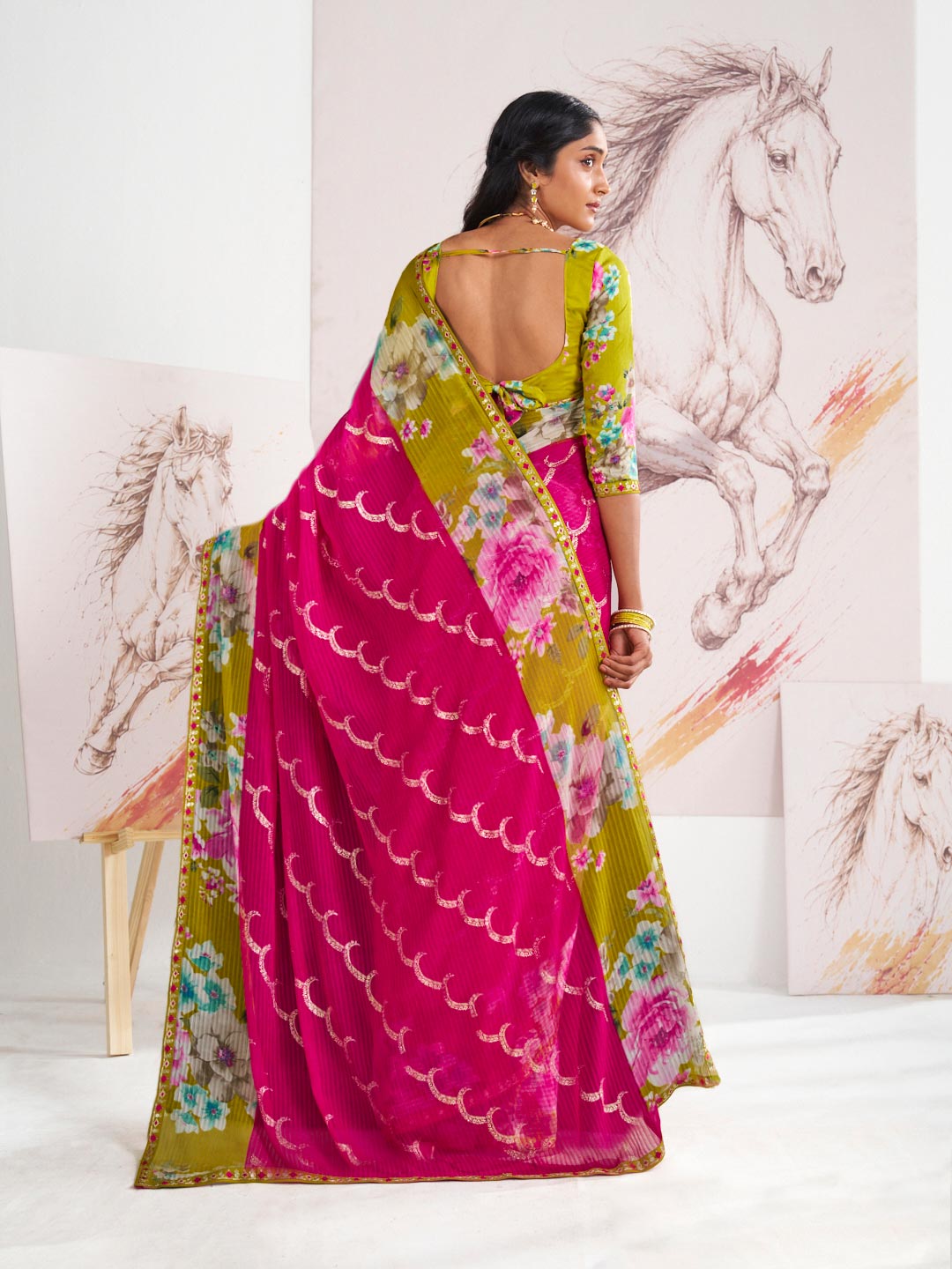 Laxmipati Murli Pink Chiffon Floral Saree