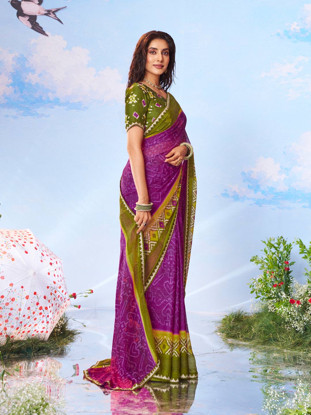 Purple self-patterned chiffon saree ethnic wear 