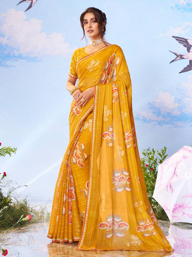 Yellow floral silk saree haldi wear