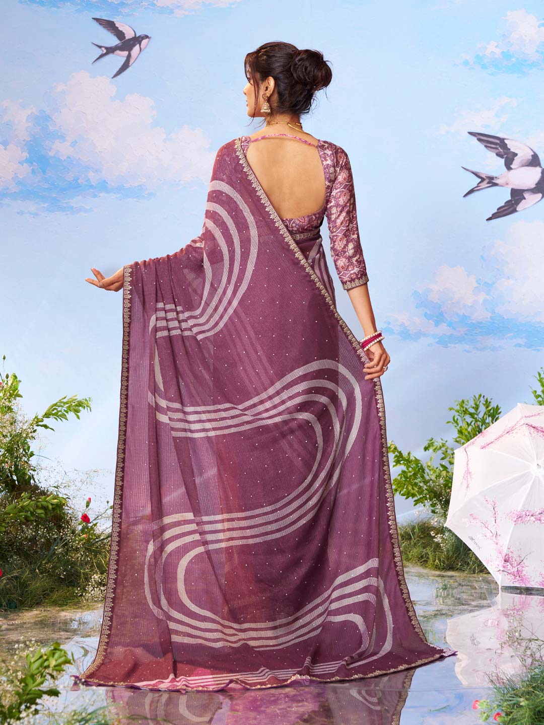 Purple geometric printed silk saree casual wear wear