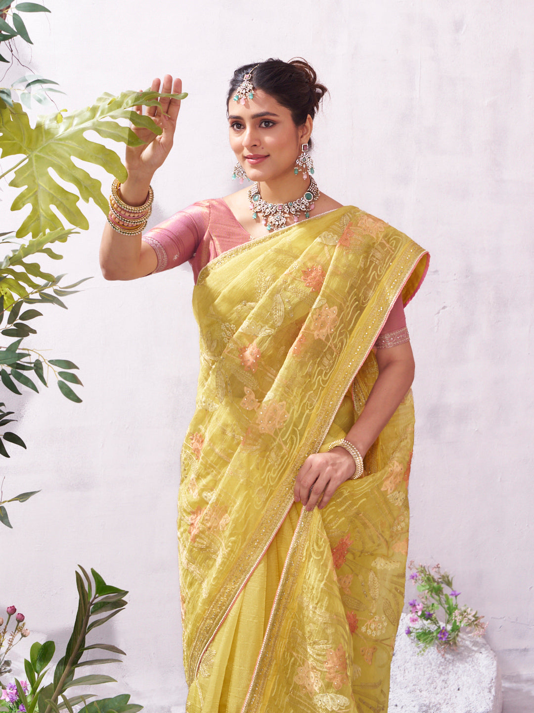 Yellow floral embroidery saree stylish drape