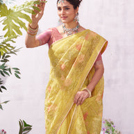 Yellow floral embroidery saree stylish drape