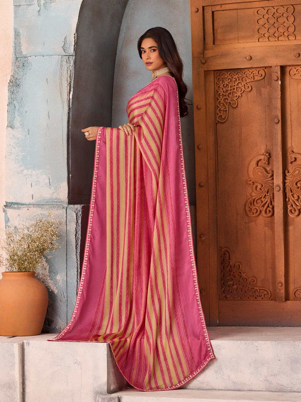 Pink striped silk blend saree daily wear