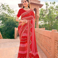 Red bandhani georgette saree with mirror work