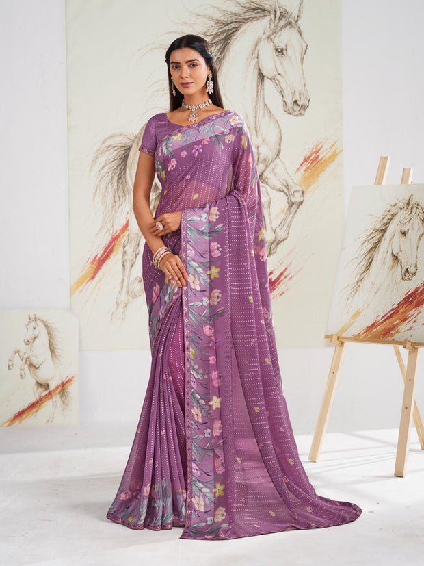 Laxmipati Murli Purple Georgette Floral Saree