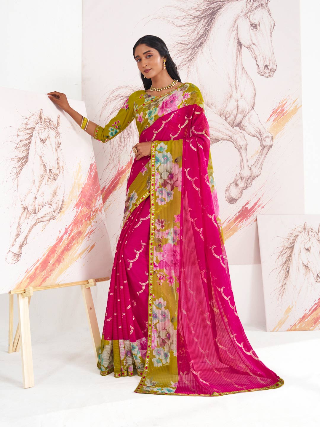 Laxmipati Murli Pink Chiffon Floral Saree