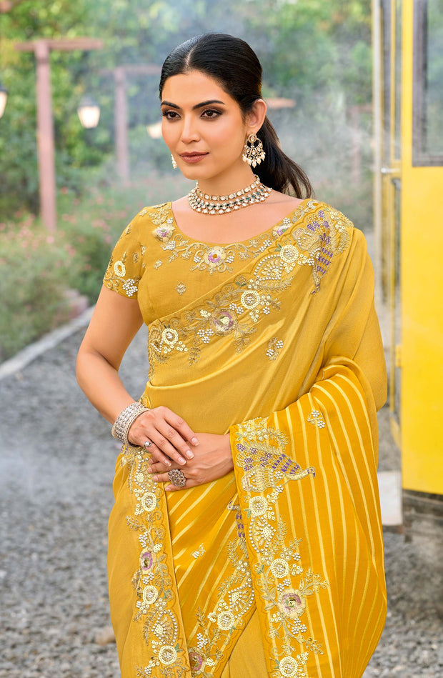designer yellow embroidery saree