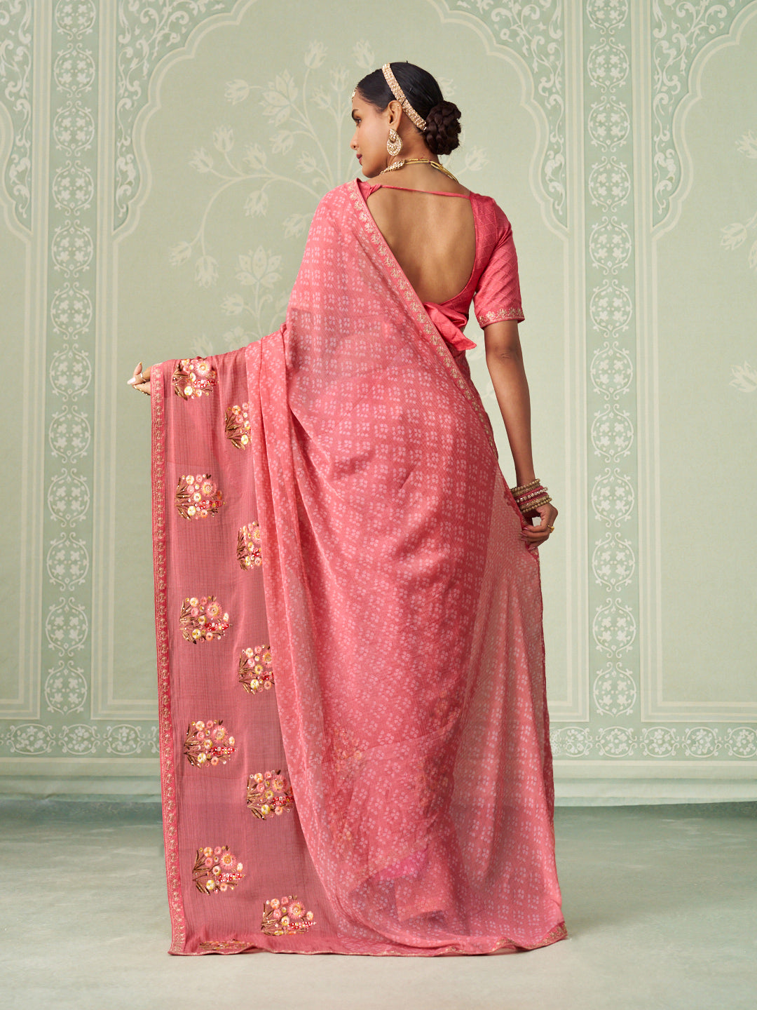 Pink floral embroidered chiffon saree festive wear