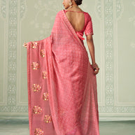 Pink floral embroidered chiffon saree festive wear