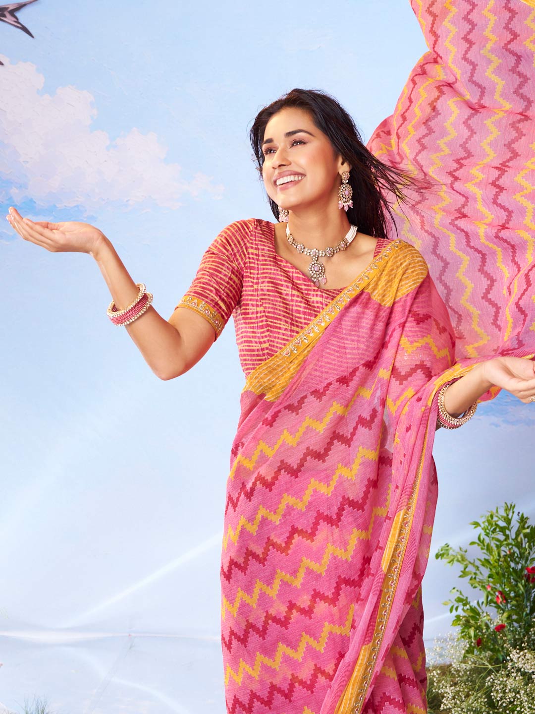 Pink geometric printed chiffon saree ethnic wear