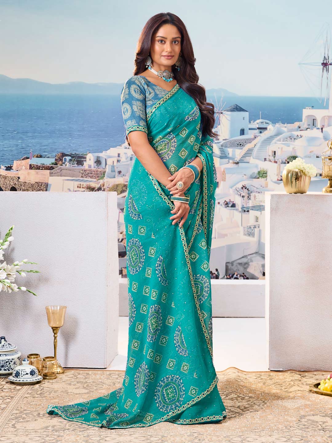 Trendy blue floral saree daily use