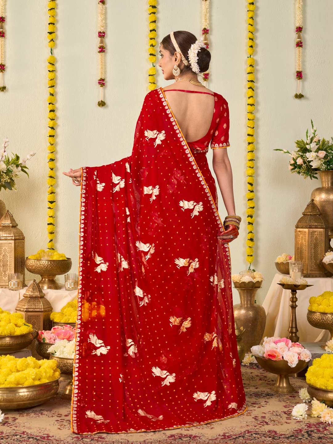 Red bandhani printed georgette saree party wear