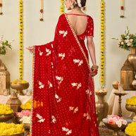 Red bandhani printed georgette saree party wear