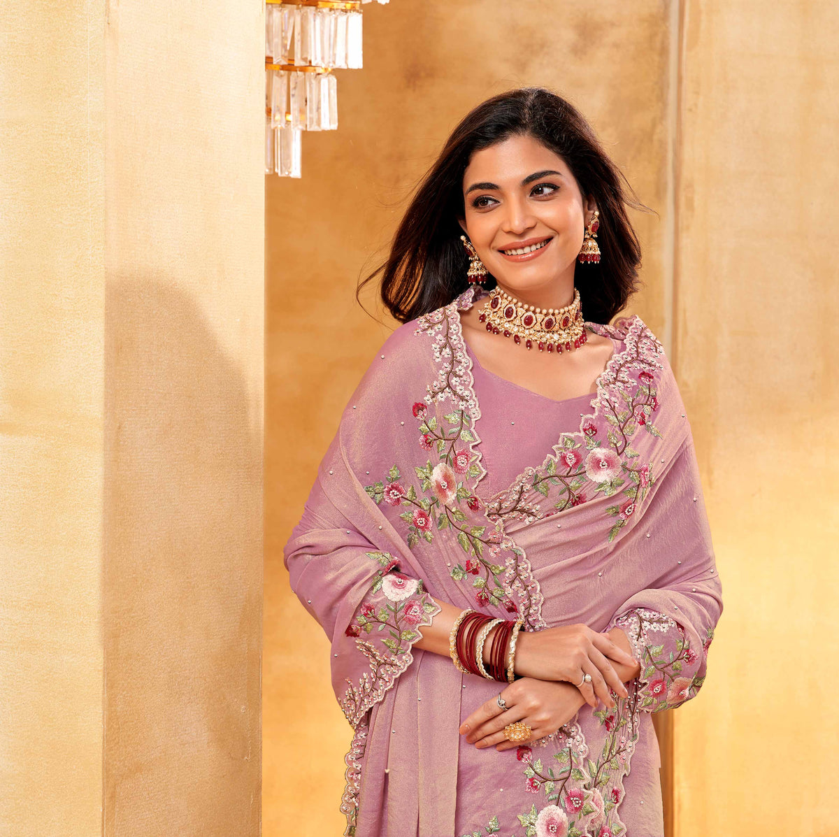pink saree for festive wear