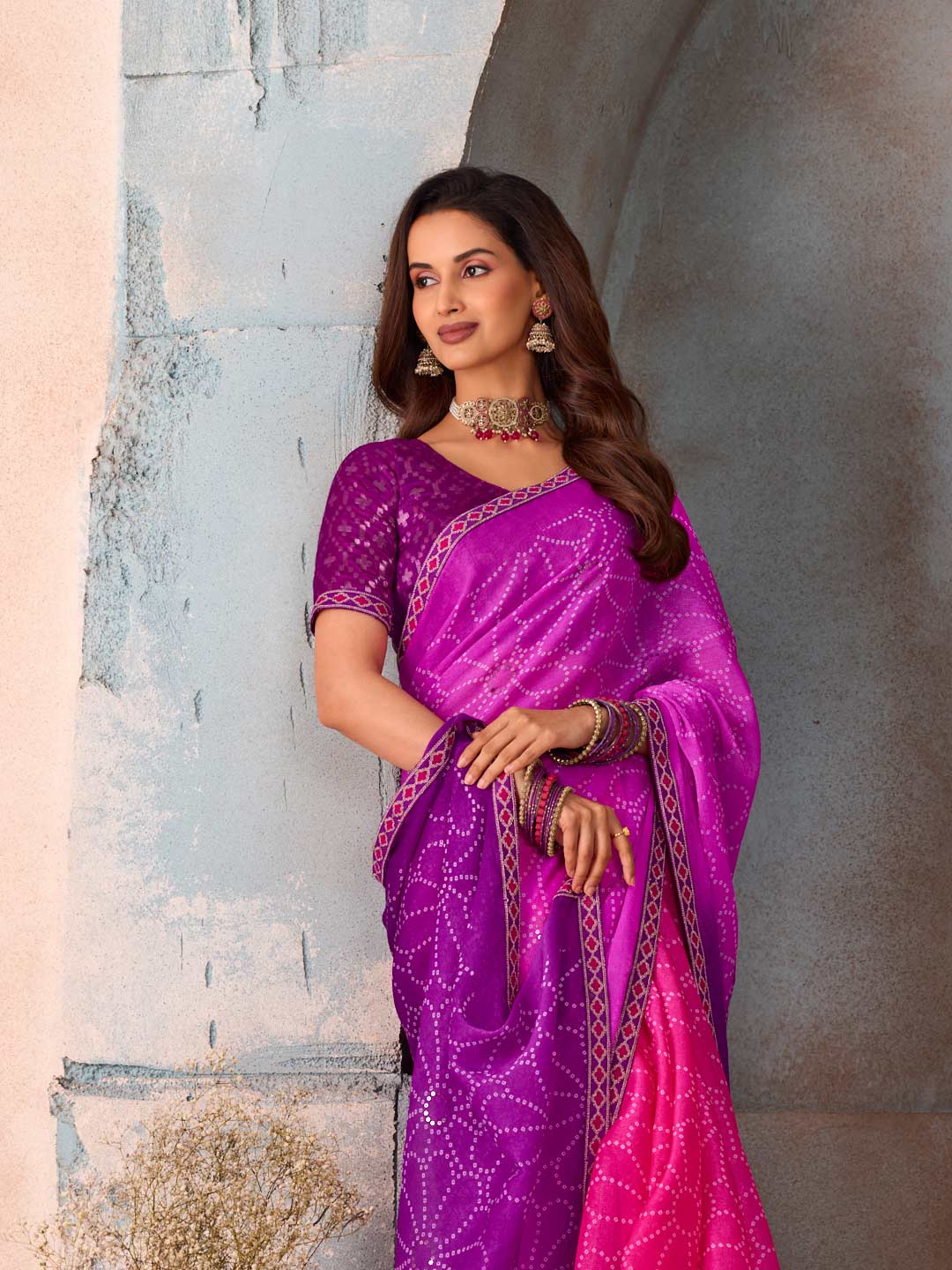 Pink dotted printed silk blend saree daily wear