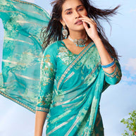 Blue floral printed chiffon saree wedding wear