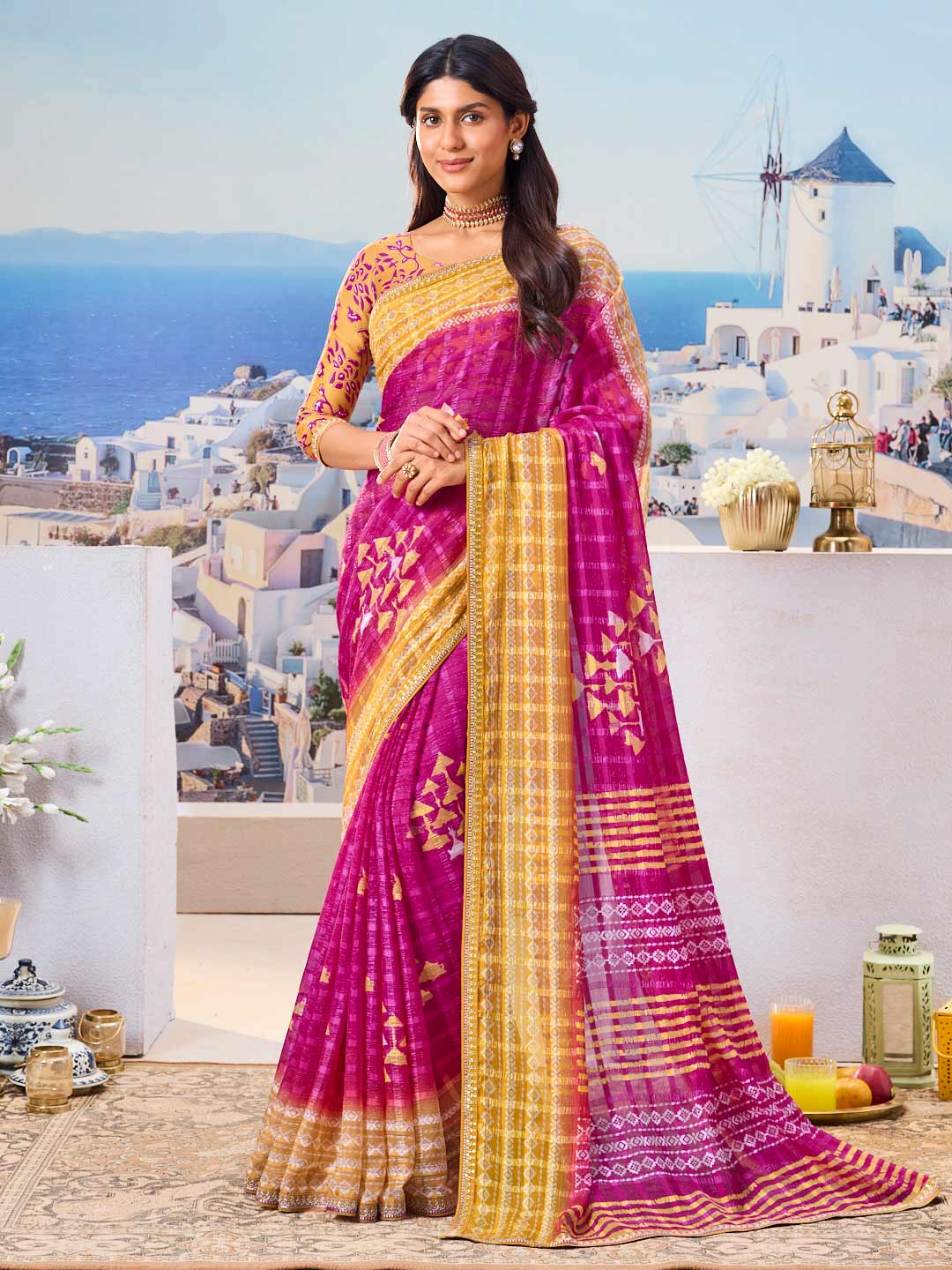 Purple geometric chiffon saree