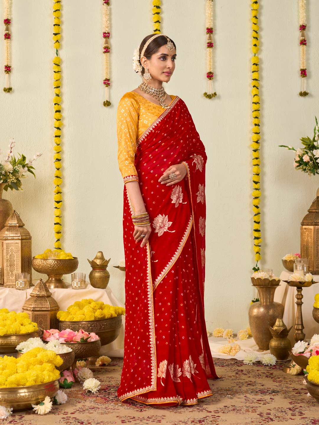 Red bandhani printed georgette saree casual wear