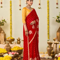 Red bandhani printed georgette saree casual wear