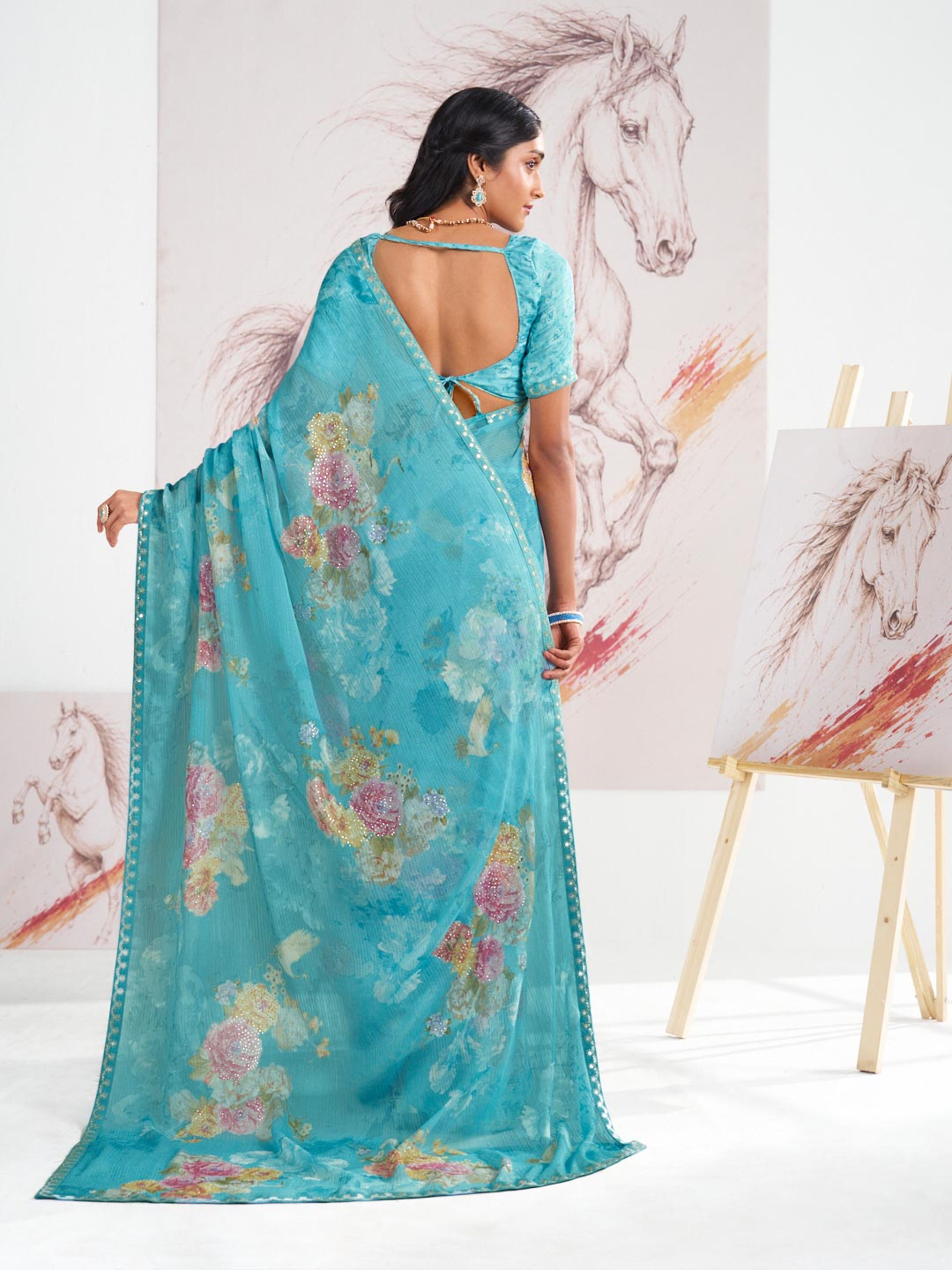 Laxmipati Murli Blue Chiffon Floral Saree