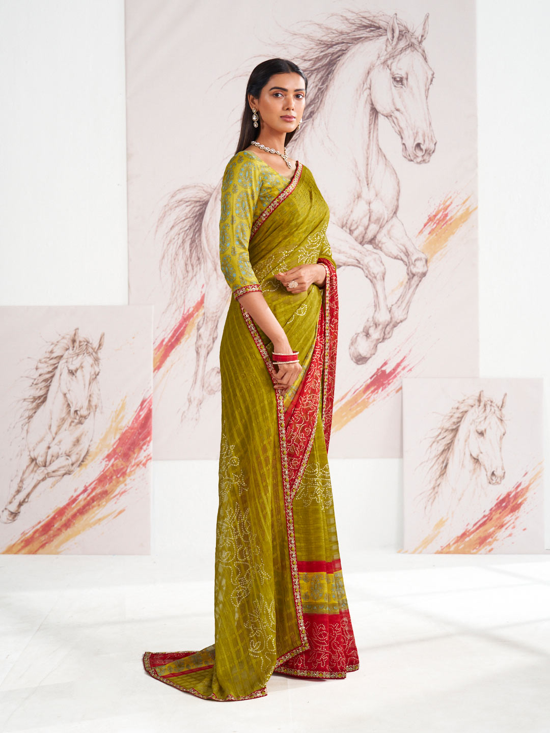 Laxmipati Murli Olive Green Chiffon Floral Saree