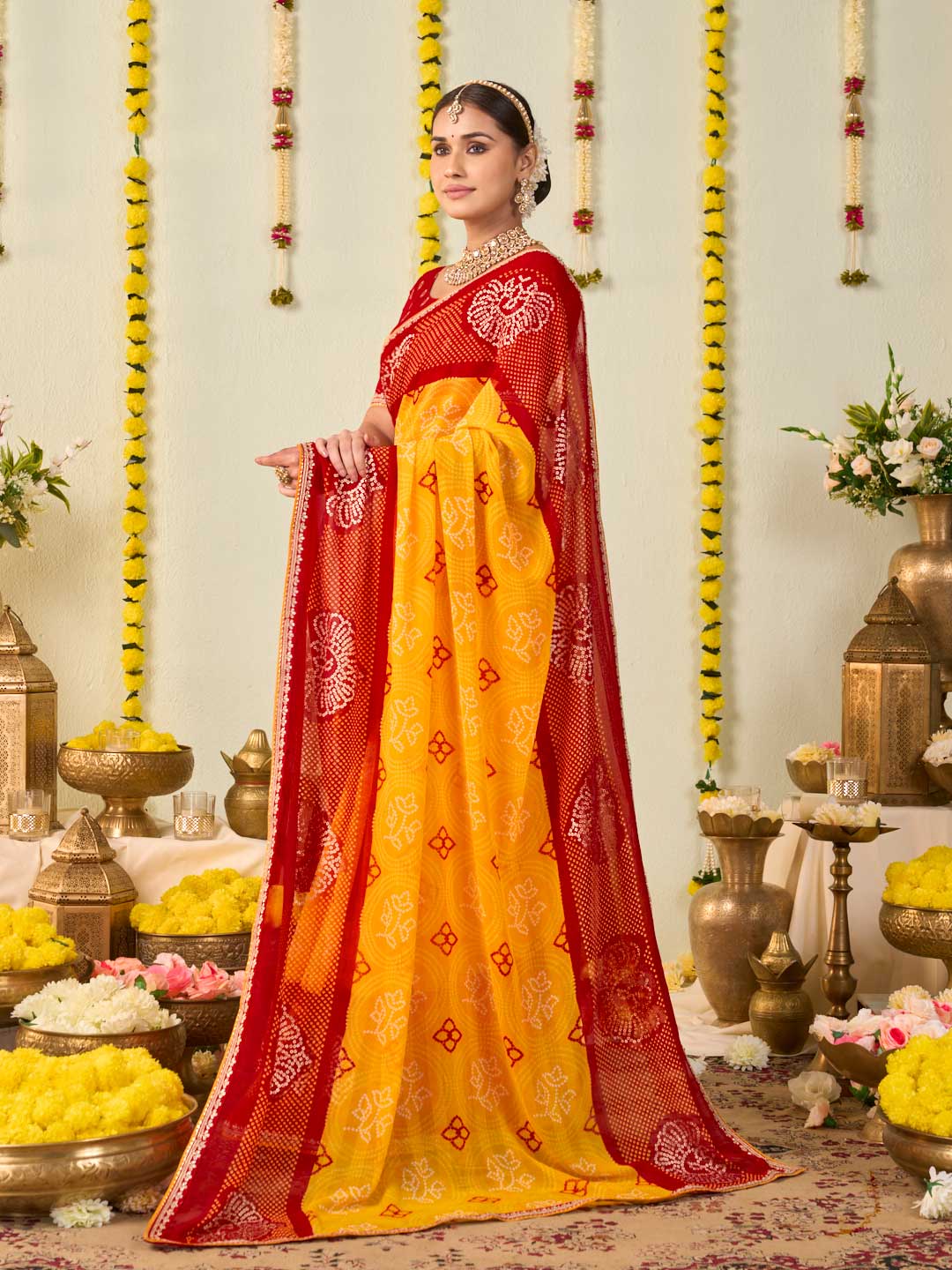 Yellow bandhani printed georgette saree daily wear