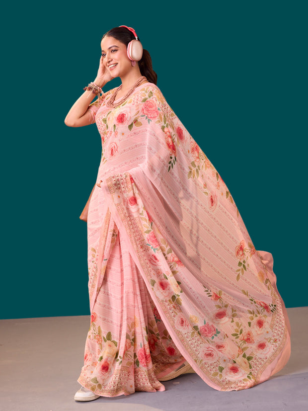 Laxmipati Dillagi Pink Georgette Floral Saree