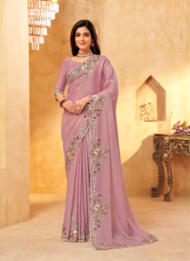 Pink chiffon floral embroidered saree