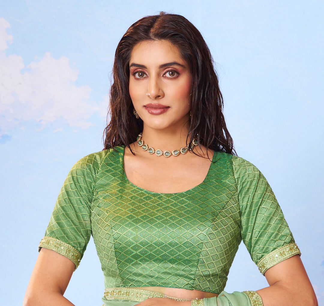 Green block printed silk saree casual wear