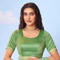 Green block printed silk saree casual wear