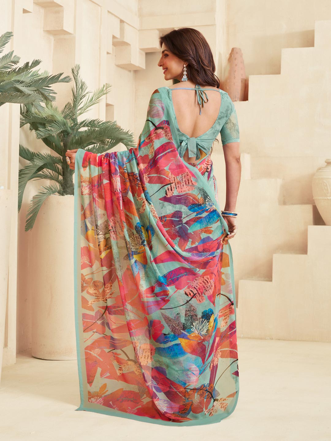 Teal trendy floral saree