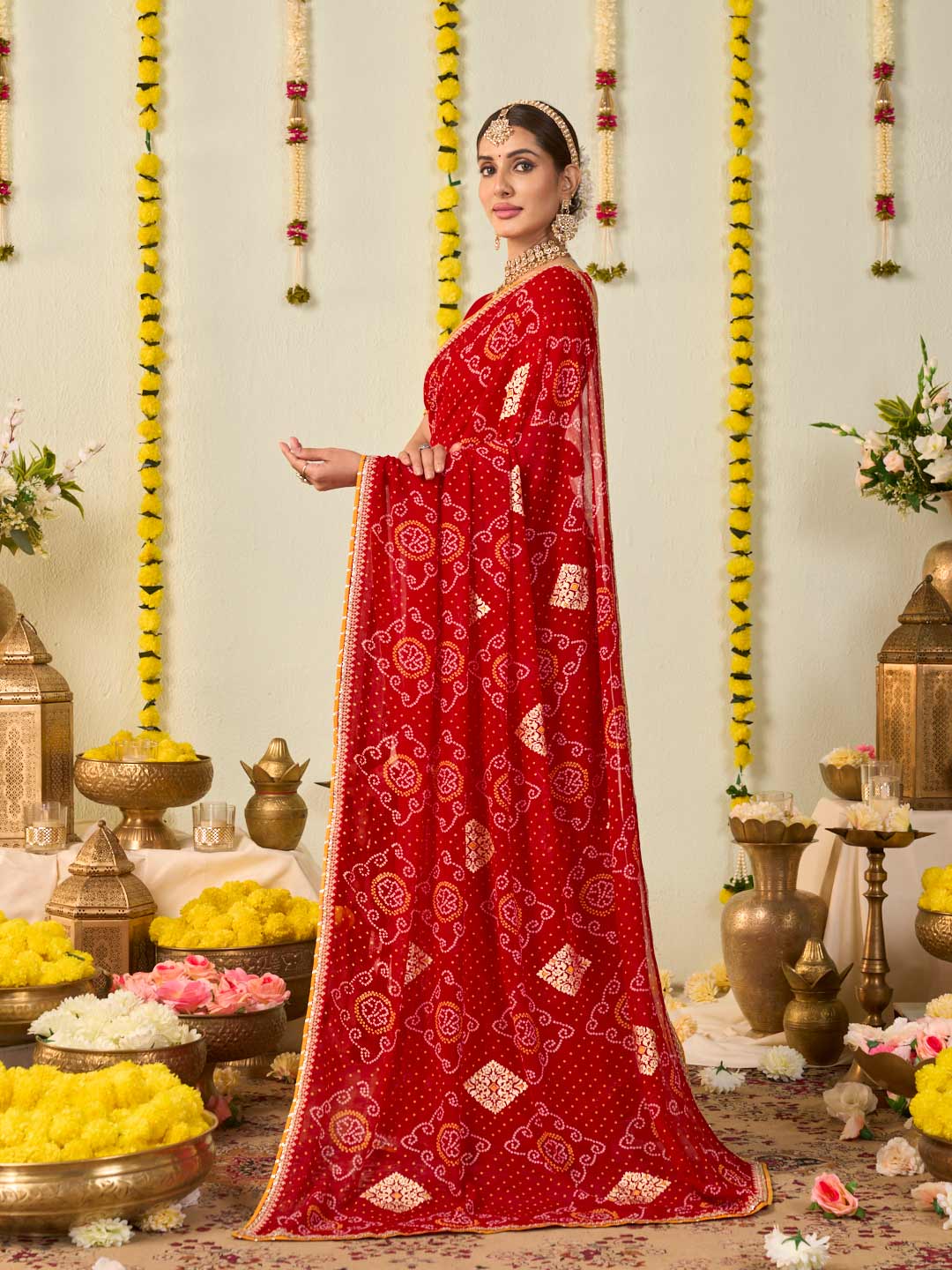 Red bandhani printed georgette saree daily wear