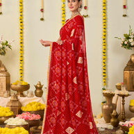 Red bandhani printed georgette saree daily wear
