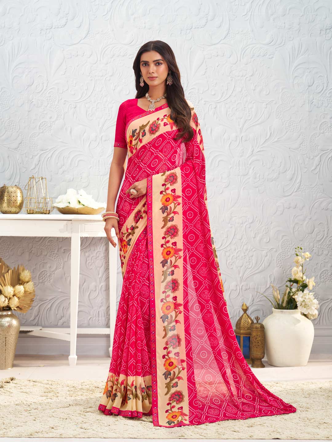 Pink floral printed georgette saree daily wear
