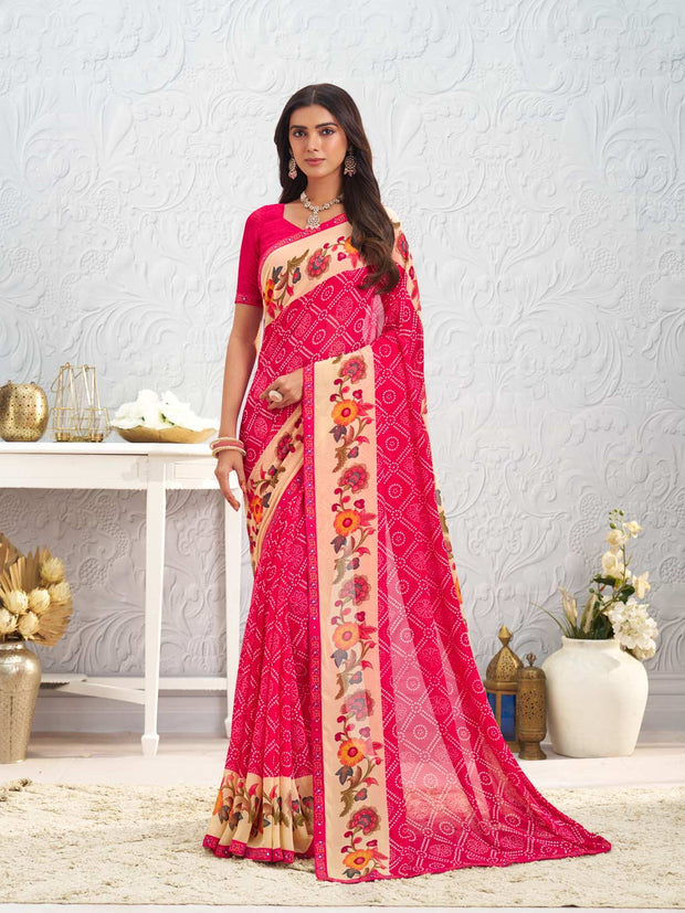 Pink floral printed georgette saree daily wear