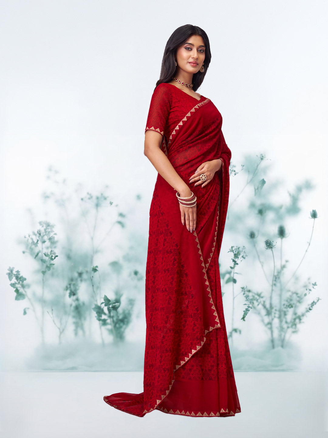 Red floral printed georgette saree casual wear