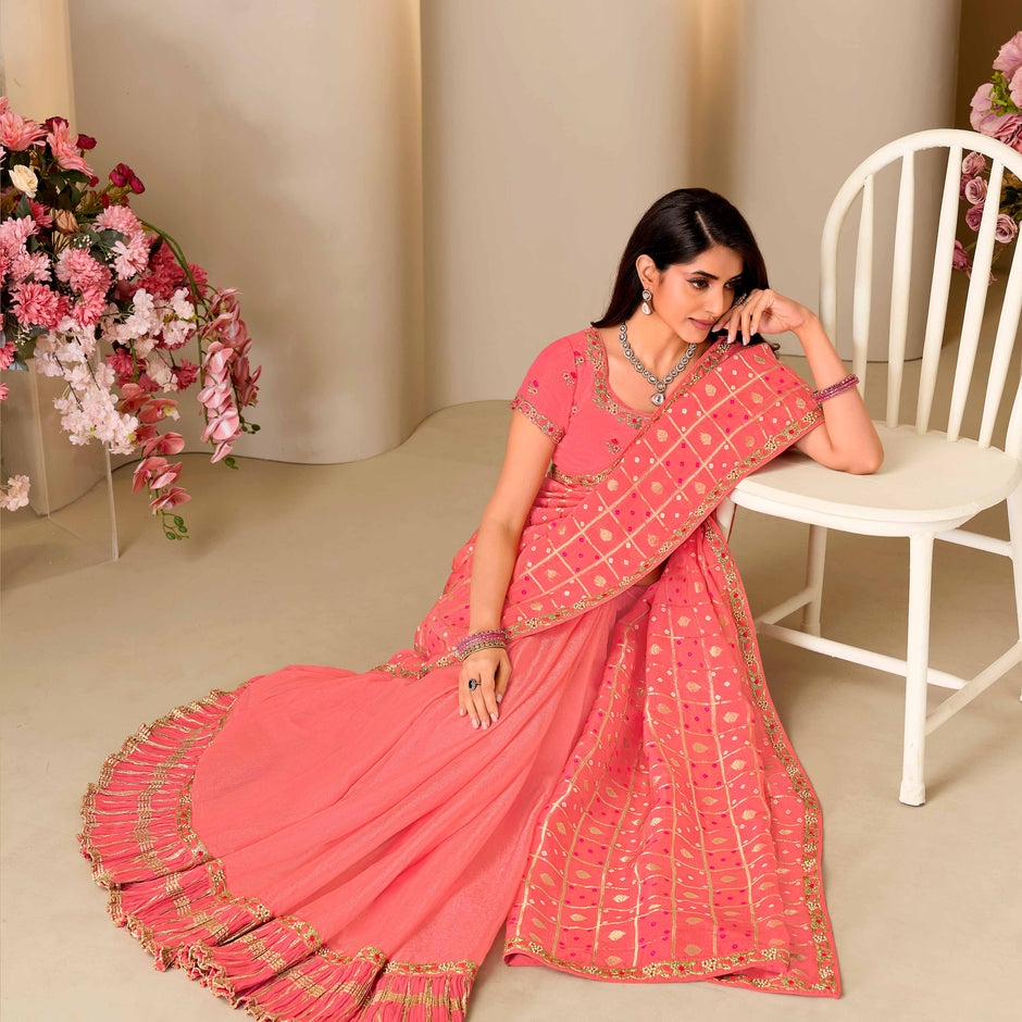 Pink floral embroidered chiffon saree festive wear