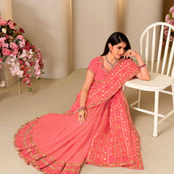 Pink floral embroidered chiffon saree festive wear