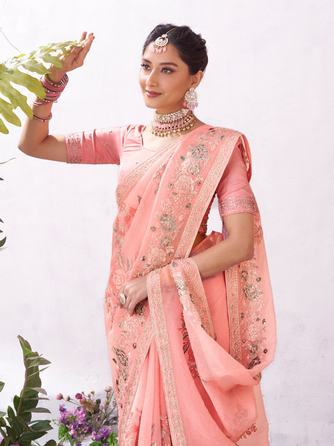 Pink floral embroidery saree stylish drape