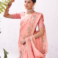 Pink floral embroidery saree stylish drape