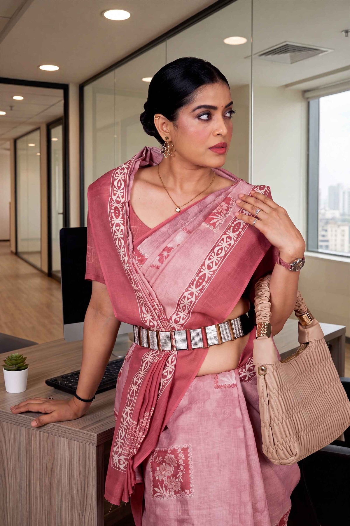Pink geometric printed cotton blend saree formal wear