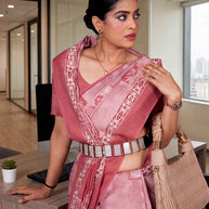 Pink geometric printed cotton blend saree formal wear