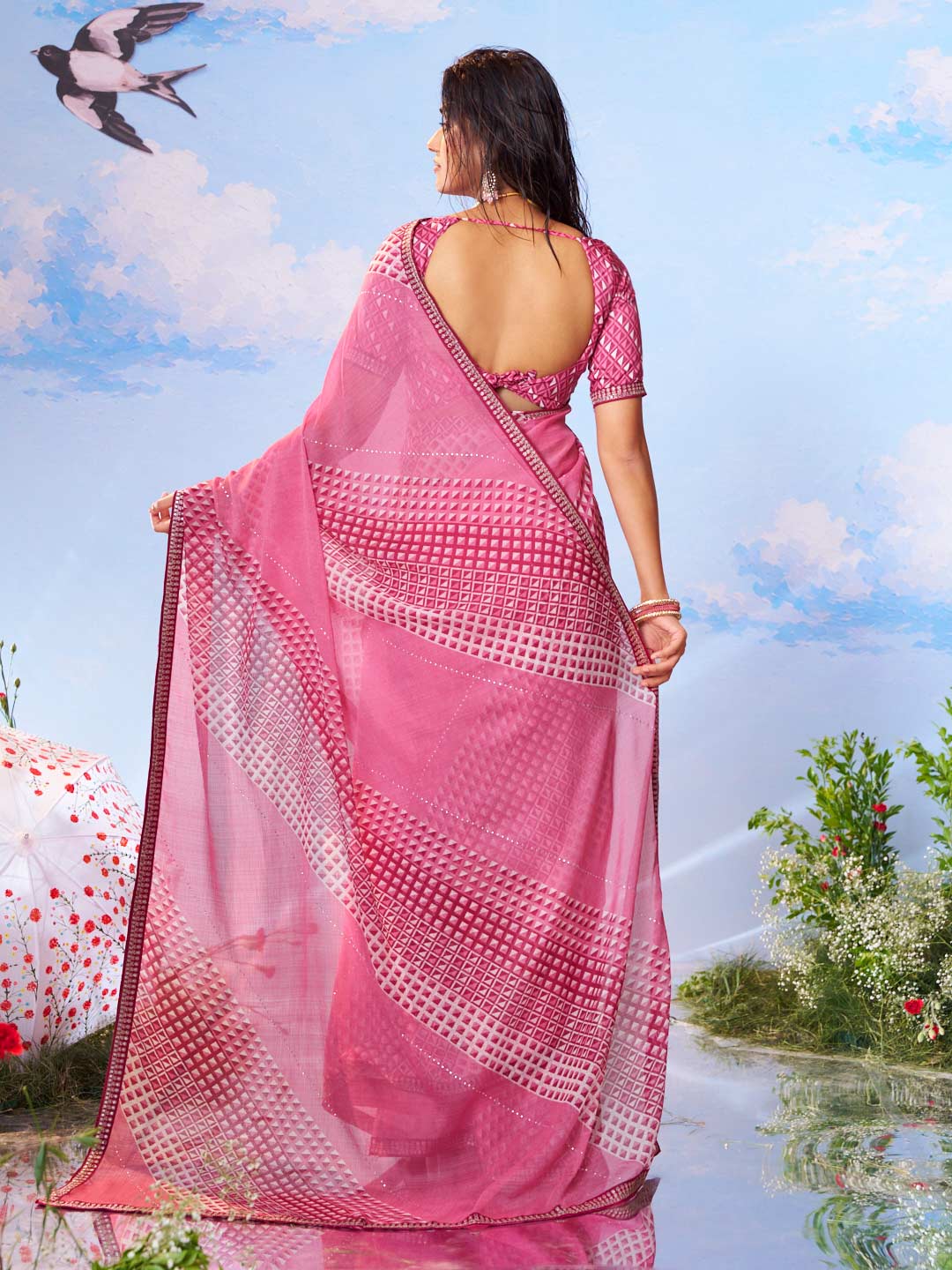 Pink geometric printed chiffon saree wedding wear