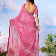 Pink geometric printed chiffon saree wedding wear