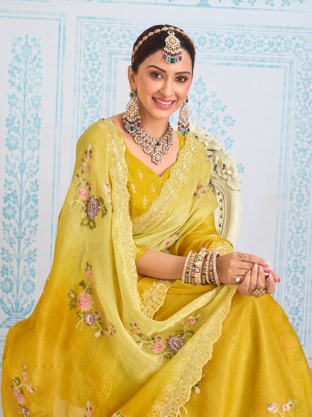 Laxmipati Aanya Yellow Chiffon Embroidered Saree