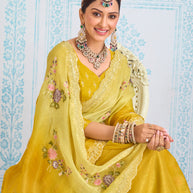 Laxmipati Aanya Yellow Chiffon Embroidered Saree
