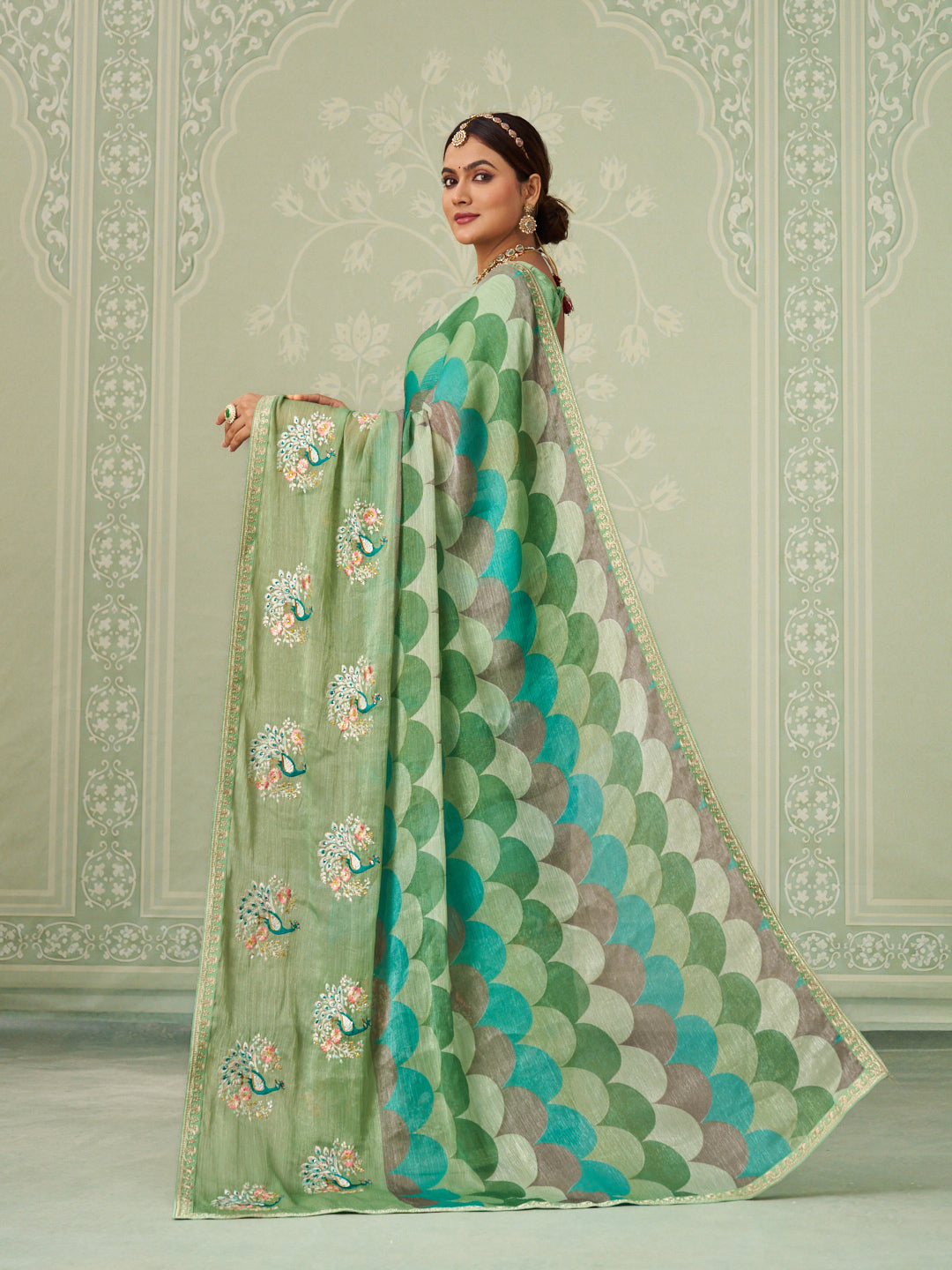 Green embroidered chiffon saree daily wear
