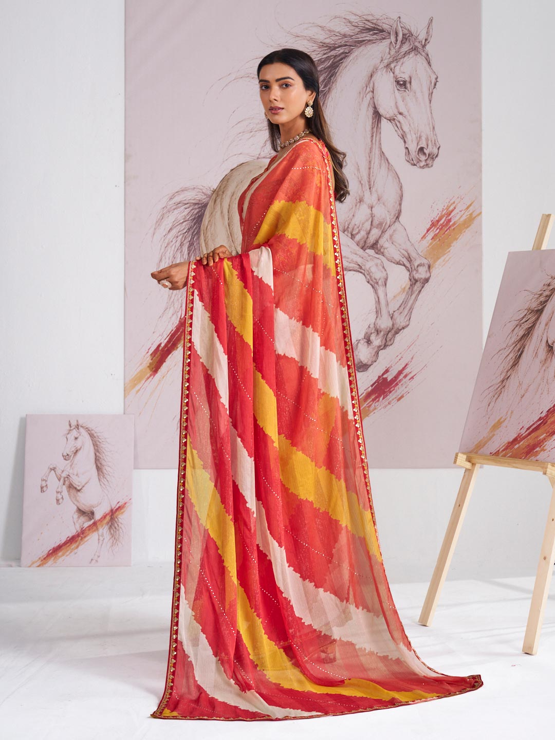 Laxmipati Murli Orange Chiffon Abstract Saree